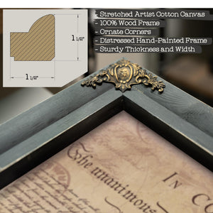 The image is a close-up of a wooden frame with a decorative metal piece on the corner, and there is a piece of paper with text on it.