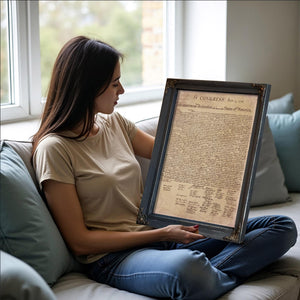 A woman sits on a couch, holding a framed document titled "IN CONGRESS, June 17, 1776" in her lap.