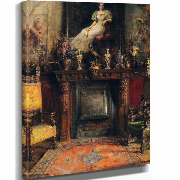 Arthur Von Ferraris Interior With View Of A Fireplace And A Painting By Arthur Von Ferraris