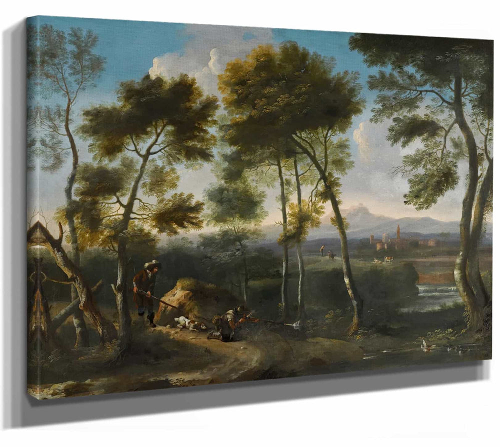 Angeluccio Italianate Landscape With Hunters Shooting Ducks By Angeluccio