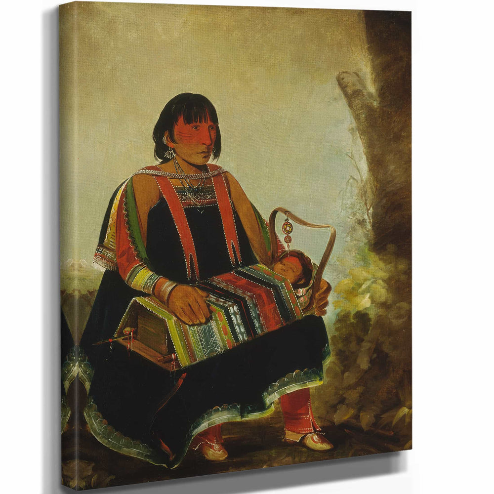 George Catlin 11" x 14" / Stretched Canvas Wrap Ju Ah Kis Gaw Woman With Her Child In A Cradle By George Catlin