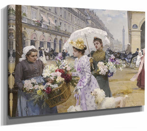 Louis Marie De Schryver 14" x 11" / Stretched Canvas Wrap La Marchande De Fleurs — Rue De Rivoli (1892) By Louis Marie De Schryver