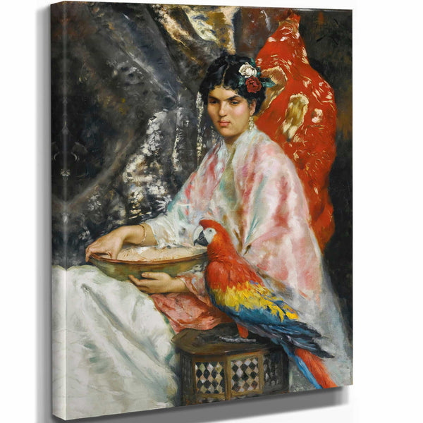 Julius Leblanc Stewart 11" x 14" / Stretched Canvas Wrap Lady With A Parrot By Julius Leblanc Stewart