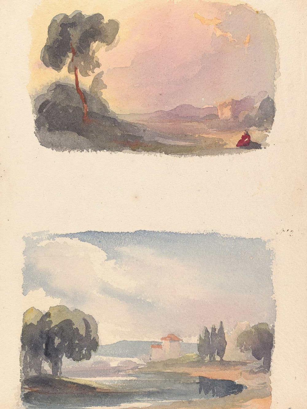 Thomas Sully Landscape With Mountains In Distance And Seated Figures In Foreground Landscape With River And Building Mountains In Distance By Thomas Sully