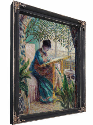 Madame Monet Embroidering By Claude Monet