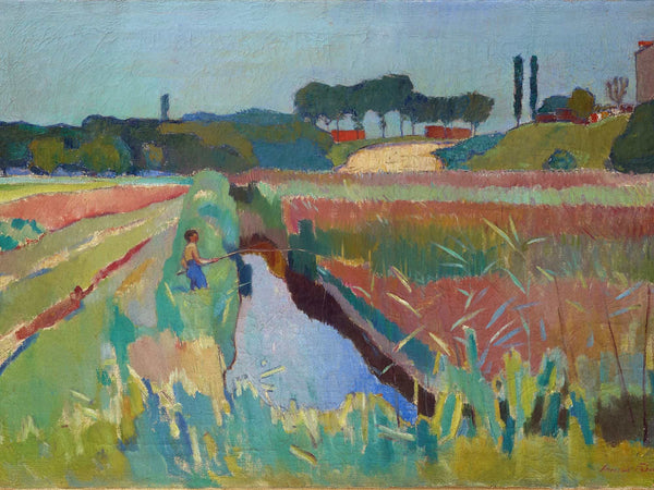 Arnold Fiechter Marshland Near Neudorf With Fishing Boy By Arnold Fiechter