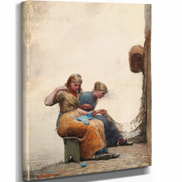 Winslow Homer 11" x 14" / Stretched Canvas Wrap Mending The Nets By Winslow Homer