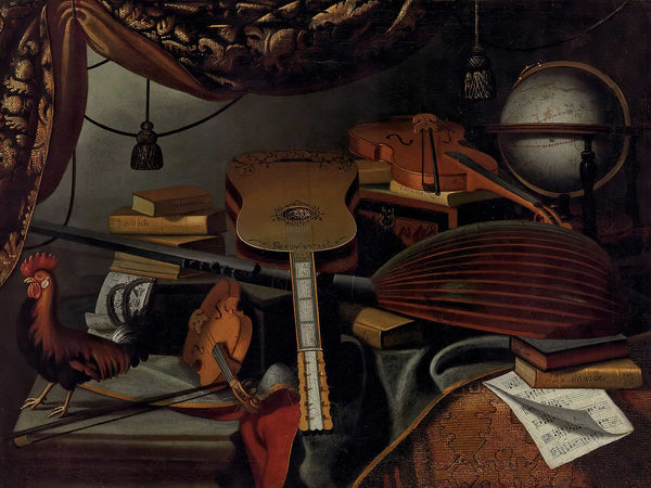 Bartolomeo Bettera Musical Instruments Books Music Scores A Globe And A Rooster On A Table Draped With A Carpet By Bartolomeo Bettera