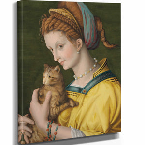 Bacchiacca 11" x 14" / Stretched Canvas Wrap Portrait Of A Young Lady Holding A Cat By Bacchiacca