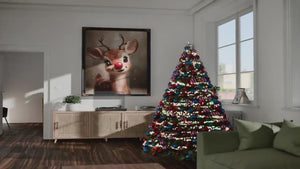 Rudolph Framed Wall Art – Red-Nosed Reindeer in Optional Distressed Black Ornate Frame | Vintage Christmas Decor Canvas Print