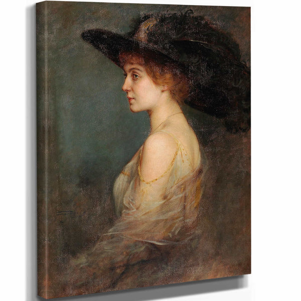 Arthur Von Ferraris 11" x 14" / Stretched Canvas Wrap Profilportrait Einer Dame Mit Großem Federgeschmucktem Hut By Arthur Von Ferraris