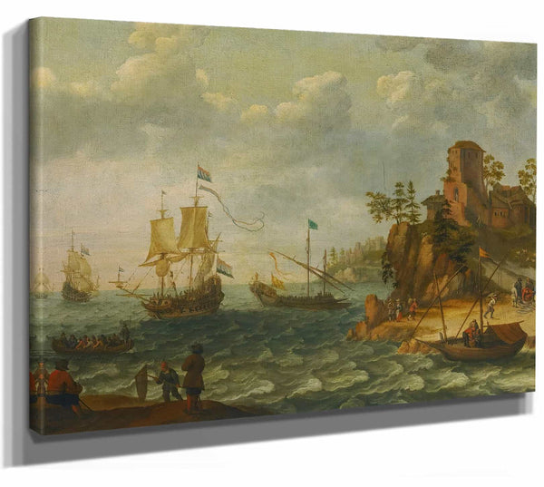 Abraham Willaerts Ships Moored Off A Rocky Coastline With Fishermen Unloading Their Catch By Abraham Willaerts