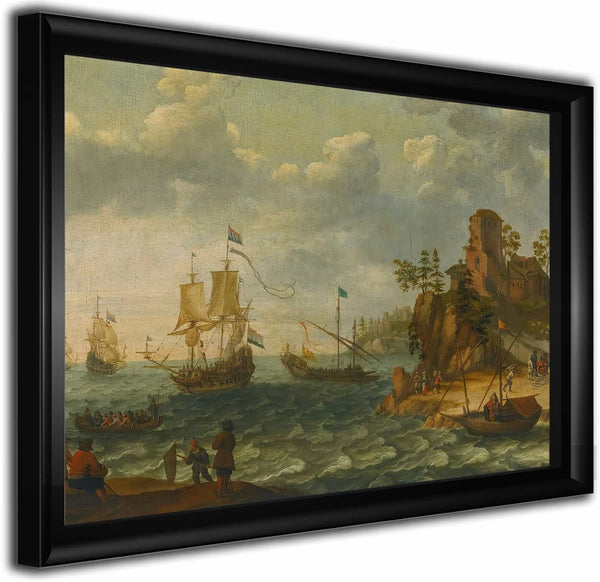 Ships Moored Off A Rocky Coastline With Fishermen Unloading Their Catch By Abraham Willaerts