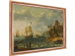 Ships Moored Off A Rocky Coastline With Fishermen Unloading Their Catch By Abraham Willaerts