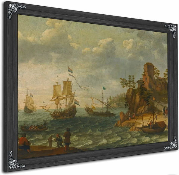 Ships Moored Off A Rocky Coastline With Fishermen Unloading Their Catch By Abraham Willaerts