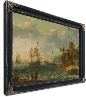 Ships Moored Off A Rocky Coastline With Fishermen Unloading Their Catch By Abraham Willaerts