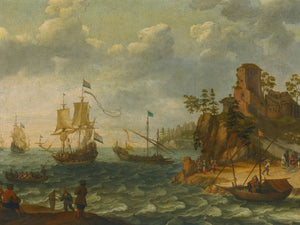 Abraham Willaerts Ships Moored Off A Rocky Coastline With Fishermen Unloading Their Catch By Abraham Willaerts