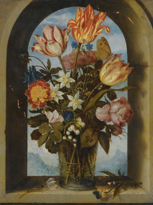 Ambrosius Bosschaert The Elder Still Life Of Tulips Moss Roses Lily Of The Valley And Other Flowers In A Glass Beaker Set In An Arched Stone Window Opening By Ambrosius Bosschaert The Elder