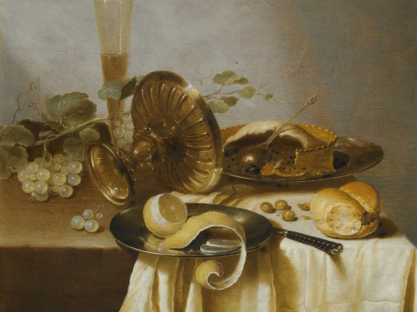 Adriaen Jansz Kraen Still Life With A Pie A Half Peeled Lemon Bread Hazelnuts Grapes A Glass And An Overturned Tazza On A Table By Adriaen Jansz Kraen