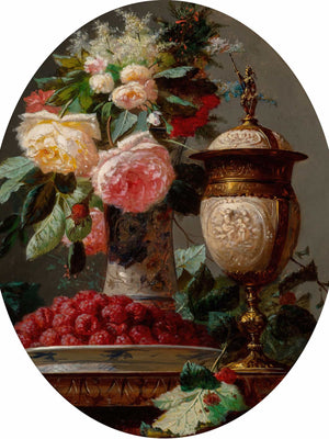 Jean Baptiste Robie Still Life With Roses And A Bowl Of Raspberries With A Silver Gilt Ostrich Egg Cup By Jean Baptiste Robie