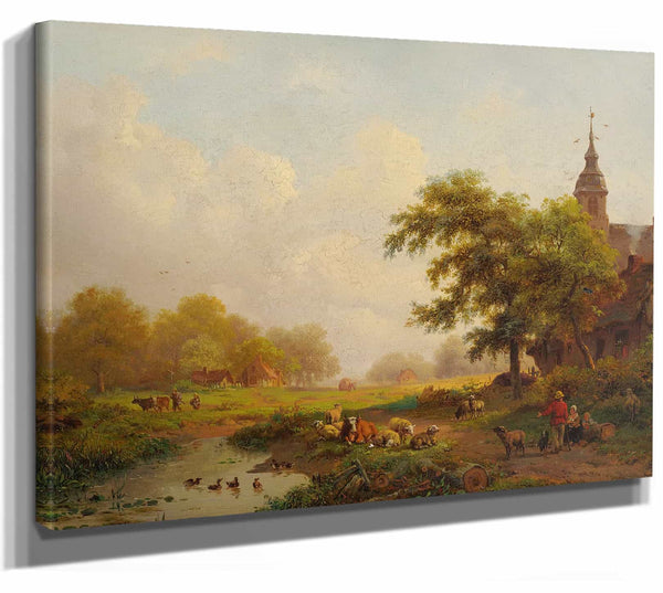 Frederik Marinus Kruseman Summer Landscape With Sheperds And Cattle Near A Village By Frederik Marinus Kruseman