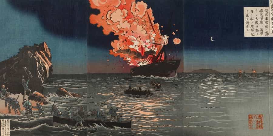 Kobayashi Kiyochika The Naval Battle Of Pungdo In Korea By Kobayashi Kiyochika