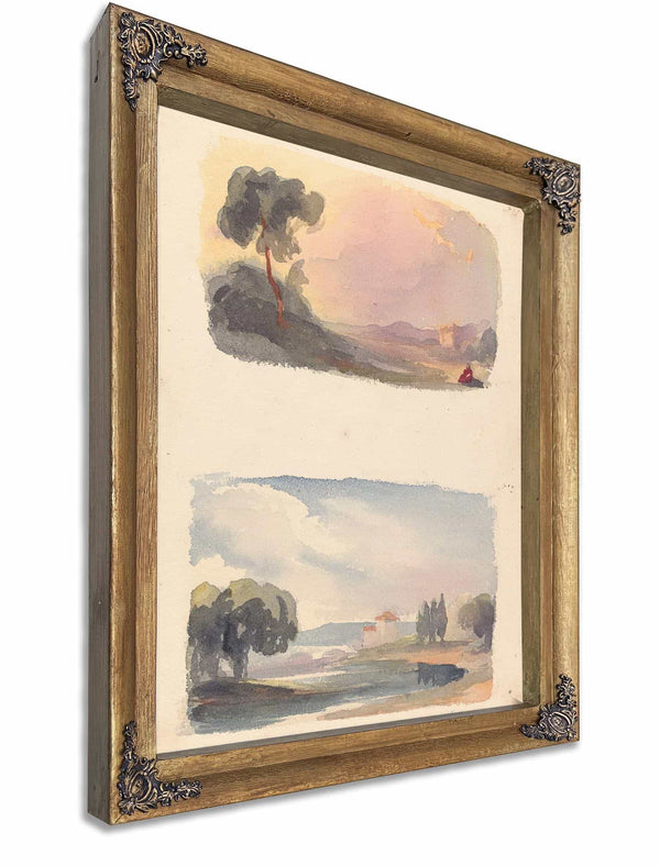 Landscape With Mountains In Distance And Seated Figures In Foreground Landscape With River And Building Mountains In Distance By Thomas Sully