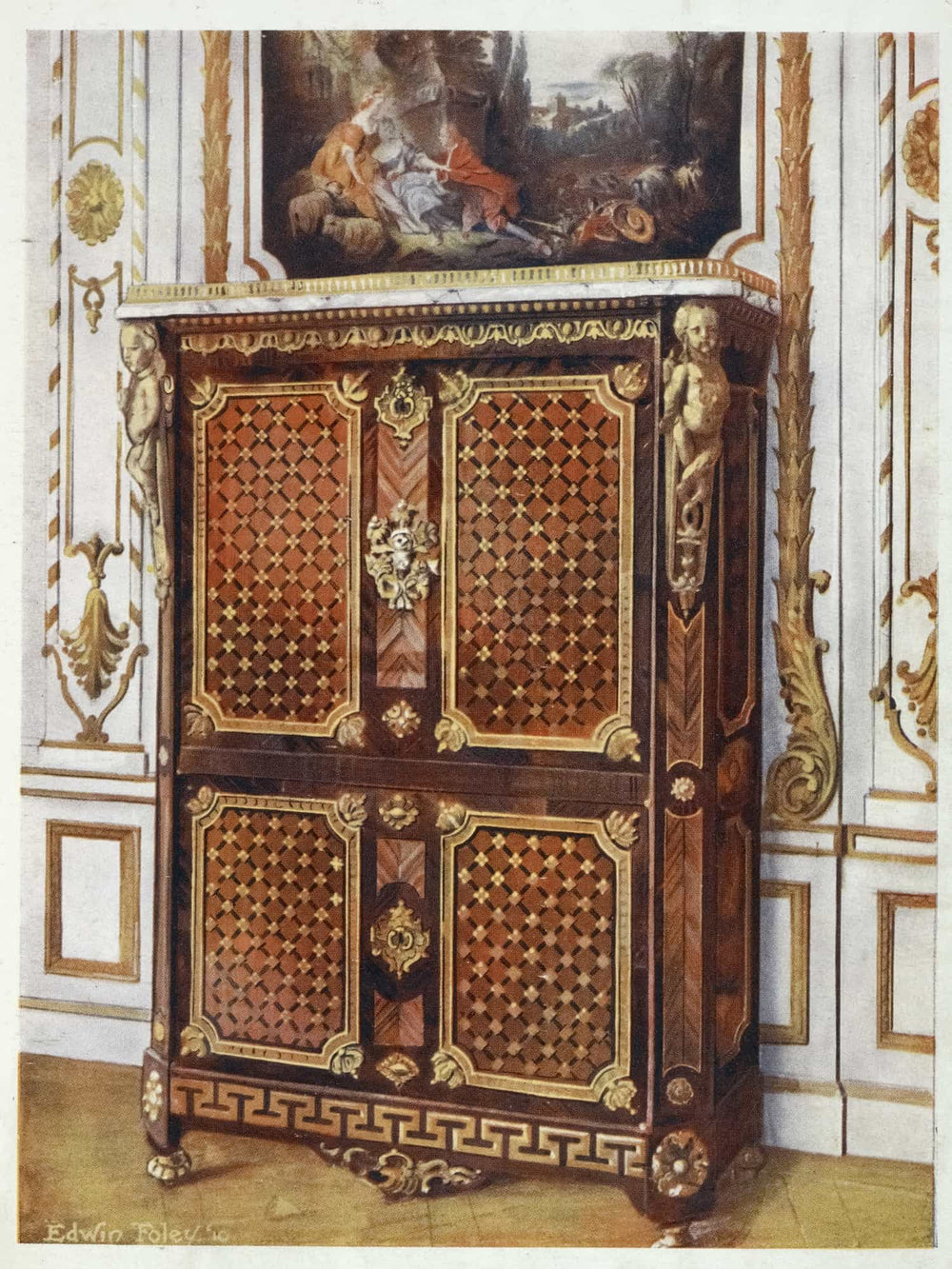 Edwin Foley Upright Secretaire In Parqueterie Of Various Woods With Ormolu Mounted Rosettes Etc (1910 1911) By Edwin Foley