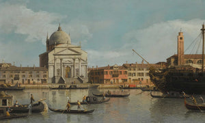 Canaletto Venice A View Of The Churches Of The Redentore And San Giacomo With A Moored Man Of War Gondolas And Barges By Canaletto