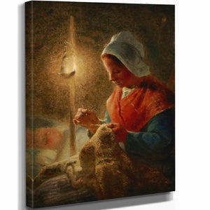 Jean Francois Millet 11" x 14" / Stretched Canvas Wrap Woman Sewing By Lamplight By Jean Francois Millet