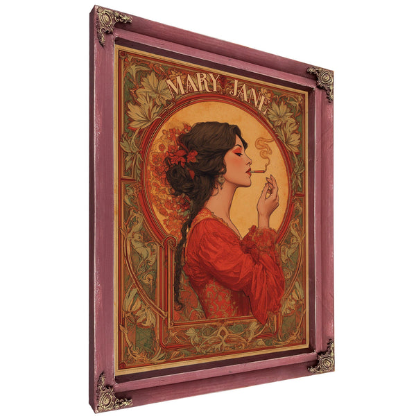 Bella Frye 18" x 24" / Cherry Red Frame Mary Jane Art Nouveau Portrait – Ornate Framed Wall Art / Vintage Botanical Poster