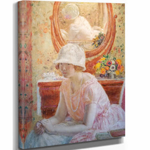 Frederick Carl Frieseke Young Girl Before A Mirror In A Pink Dress By Frederick Carl Frieseke