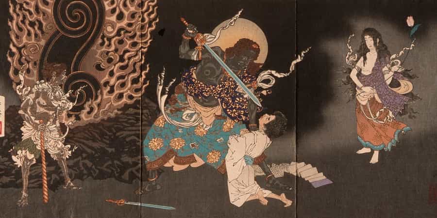 Tsukioka Yoshitoshi Yuten Swallowing The Sword Of Fudo By Tsukioka Yoshitoshi