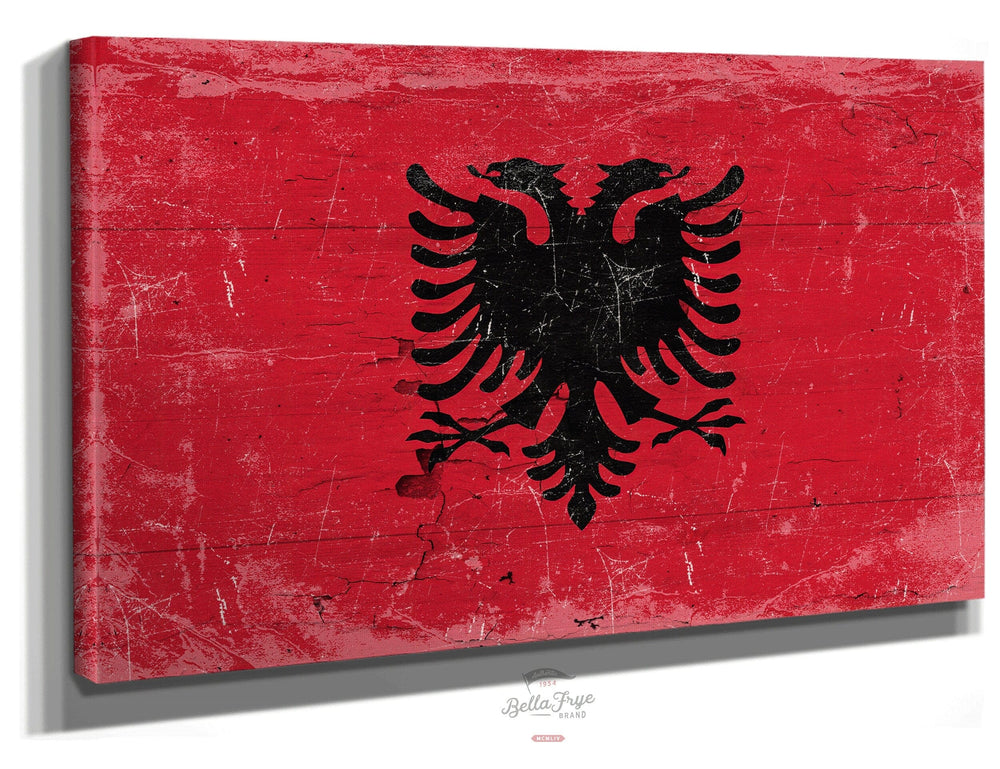 Bella Frye Home & Garden > Decor > Artwork 24" x 18" / Stretched Canvas Wrap Albania Flag Wall Art - Vintage Albania Flag Sign Weathered Wood Style on Canvas