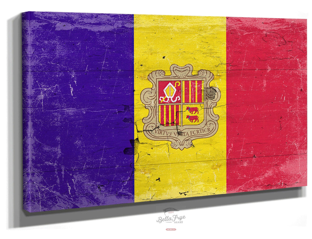 Bella Frye Home & Garden > Decor > Artwork 24" x 18" / Stretched Canvas Wrap Andorra Flag Wall Art - Vintage Andorra Flag Sign Weathered Wood Style on Canvas