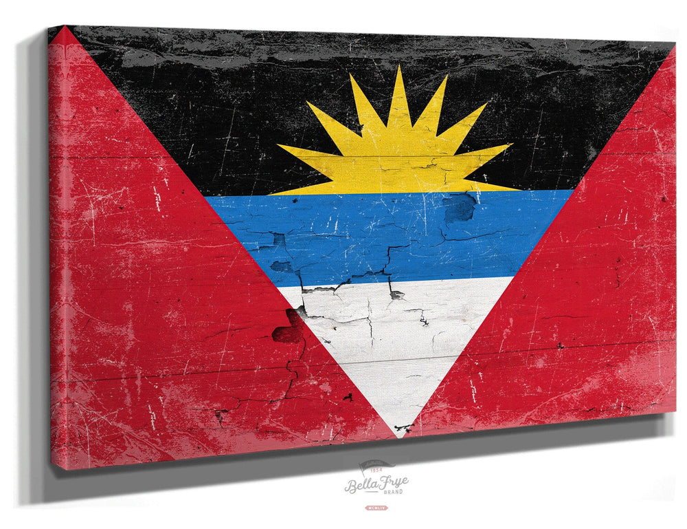 Bella Frye Home & Garden > Decor > Artwork 24" x 18" / Stretched Canvas Wrap Antiqua and Barbuda Flag Wall Art - Vintage Antiqua and Barbuda Flag Sign Weathered Wood Style on Canvas