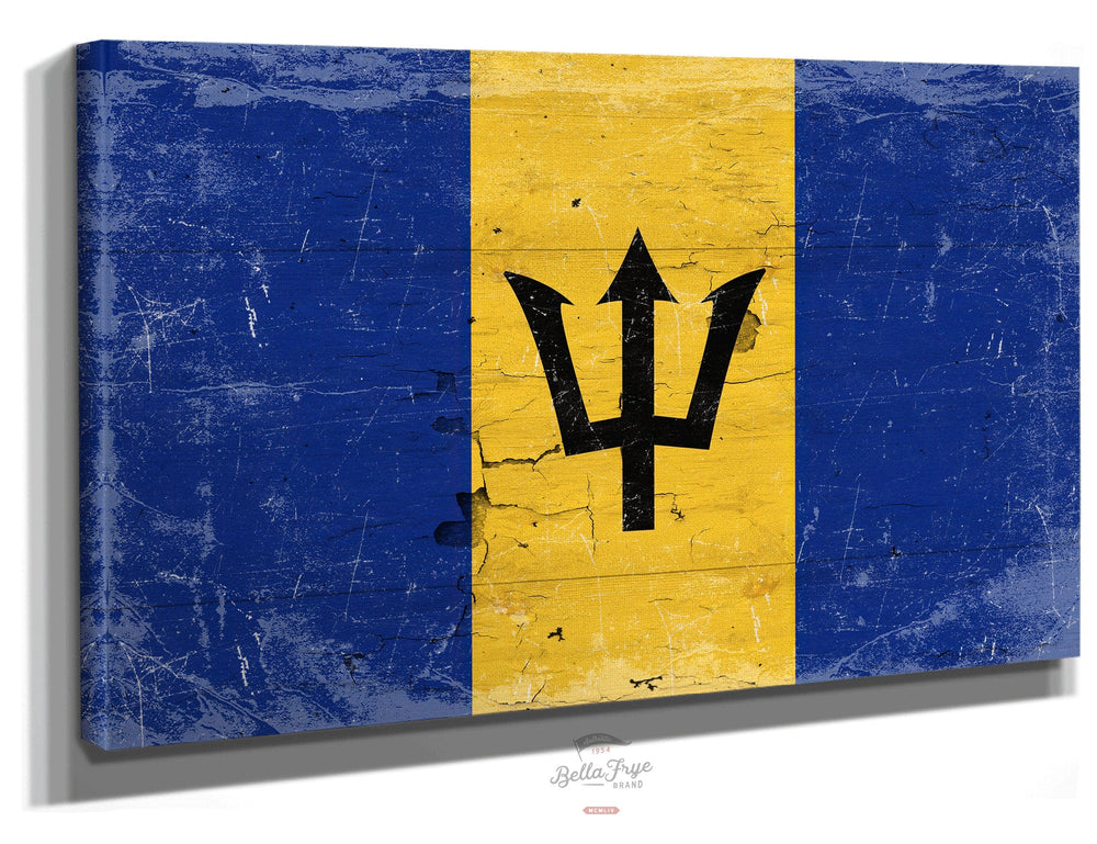 Bella Frye Home & Garden > Decor > Artwork 24" x 18" / Stretched Canvas Wrap Barbados Flag Wall Art - Vintage Barbados Flag Sign Weathered Wood Style on Canvas