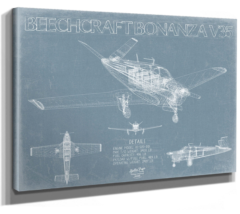 Bella Frye Home & Garden > Decor > Artwork 24" x 18" / Stretched Canvas Wrap Beechcraft Bonanza V35 Aircraft Blueprint Wall Art - Original Aviation Plane Print