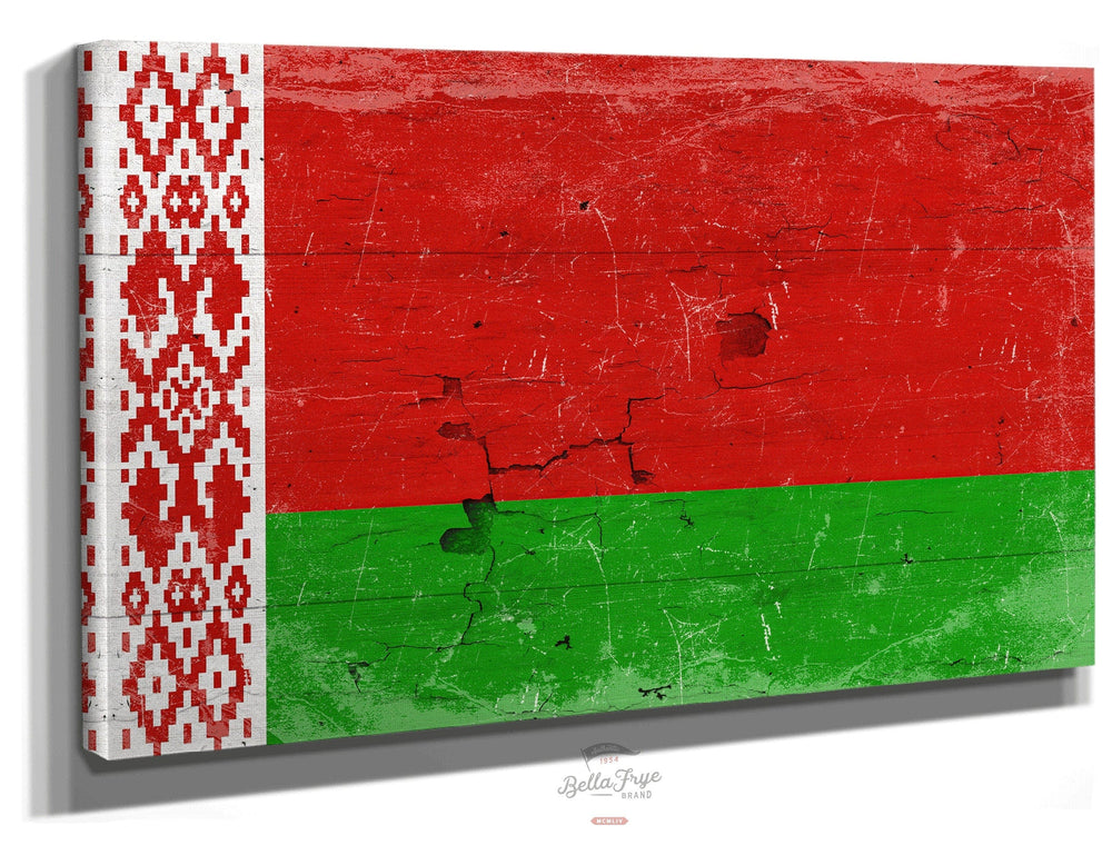 Bella Frye Home & Garden > Decor > Artwork 24" x 18" / Stretched Canvas Wrap Belarus Flag Wall Art - Vintage Belarus Flag Sign Weathered Wood Style on Canvas