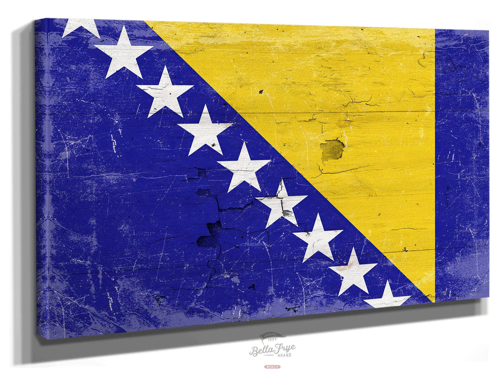Bella Frye Home & Garden > Decor > Artwork 24" x 18" / Stretched Canvas Wrap Bosnia and Herzegovina Flag Wall Art - Vintage Bosnia and Herzegovina Flag Sign Weathered Wood Style on Canvas
