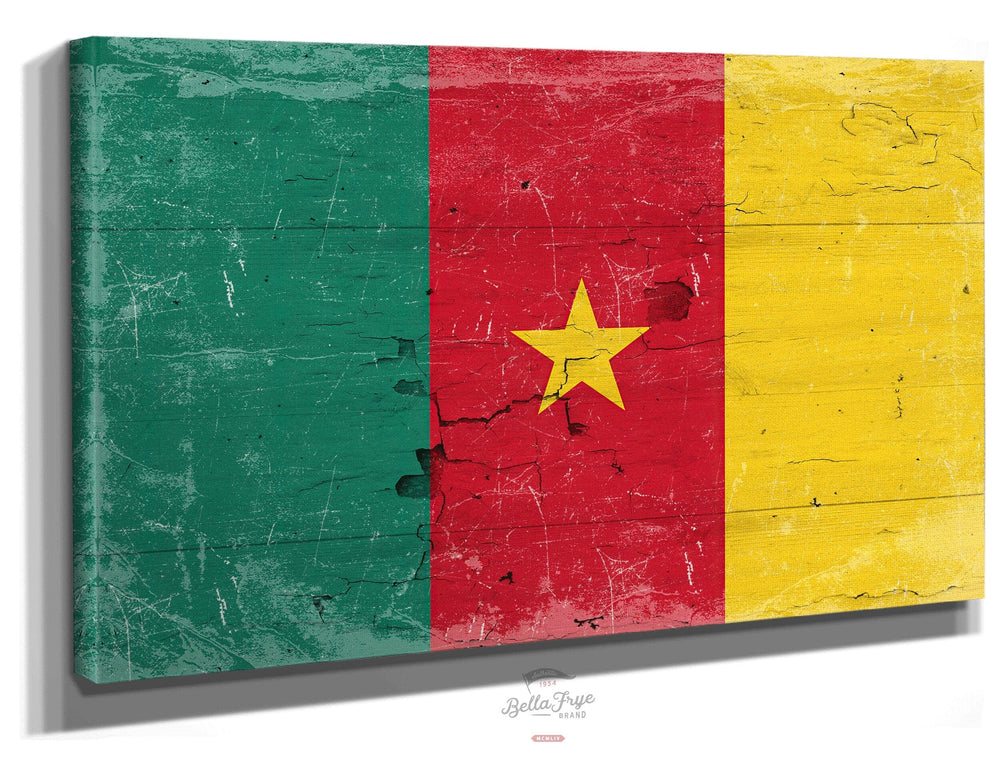Bella Frye Home & Garden > Decor > Artwork 24" x 18" / Stretched Canvas Wrap Cameroon Flag Wall Art - Vintage Cameroon Flag Sign Weathered Wood Style on Canvas