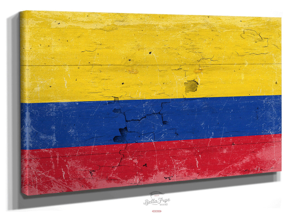 Bella Frye Home & Garden > Decor > Artwork 24" x 18" / Stretched Canvas Wrap Colombia Flag Wall Art - Vintage Colombia Flag Sign Weathered Wood Style on Canvas