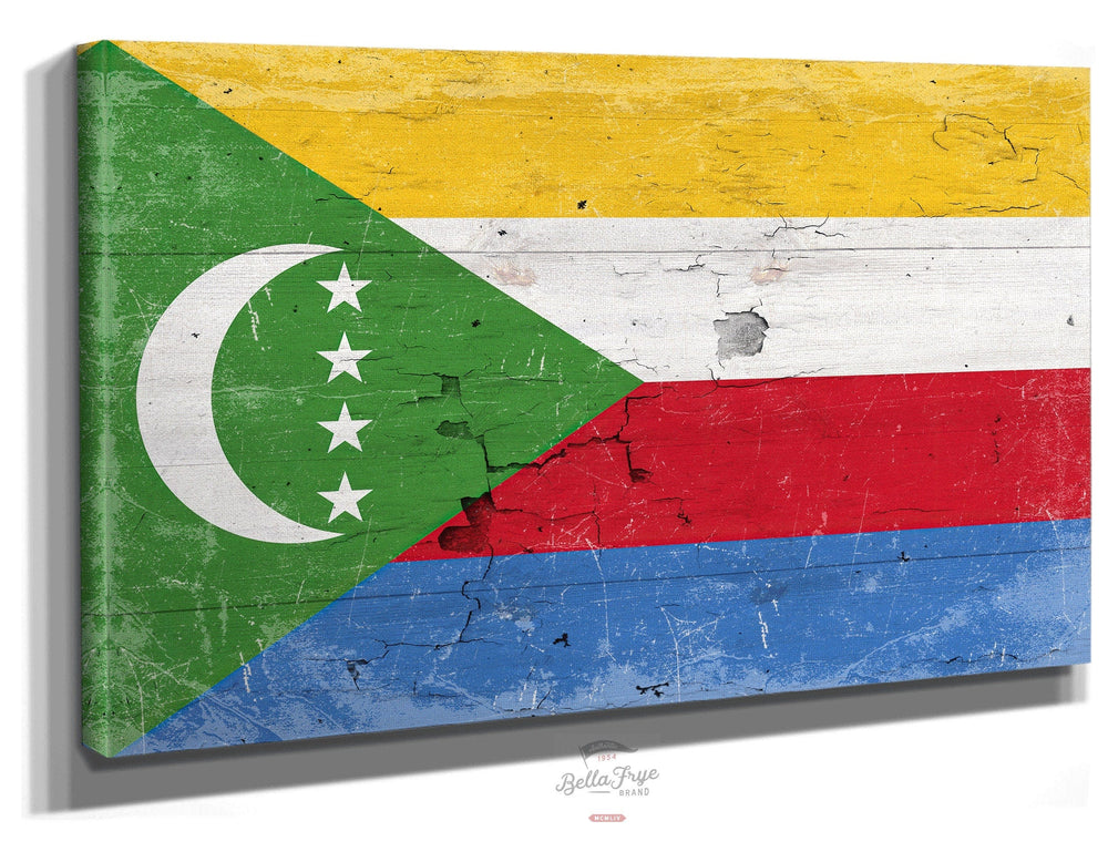 Bella Frye Home & Garden > Decor > Artwork 24" x 18" / Stretched Canvas Wrap Comoros Flag Wall Art - Vintage The Comoros Flag Sign Weathered Wood Style on Canvas
