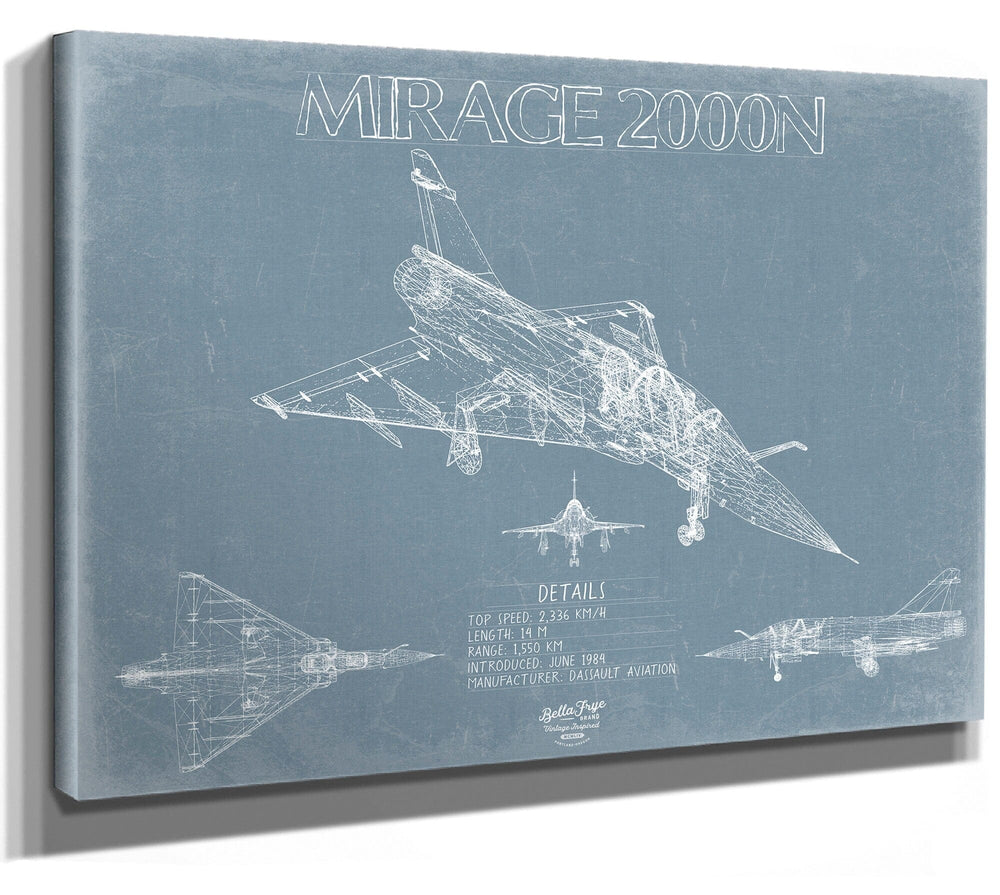 Bella Frye Home & Garden > Decor > Artwork 24" x 18" / Stretched Canvas Wrap Dassault Mirage 2000N Aircraft Blueprint Wall Art - Original Fighter Plane Print