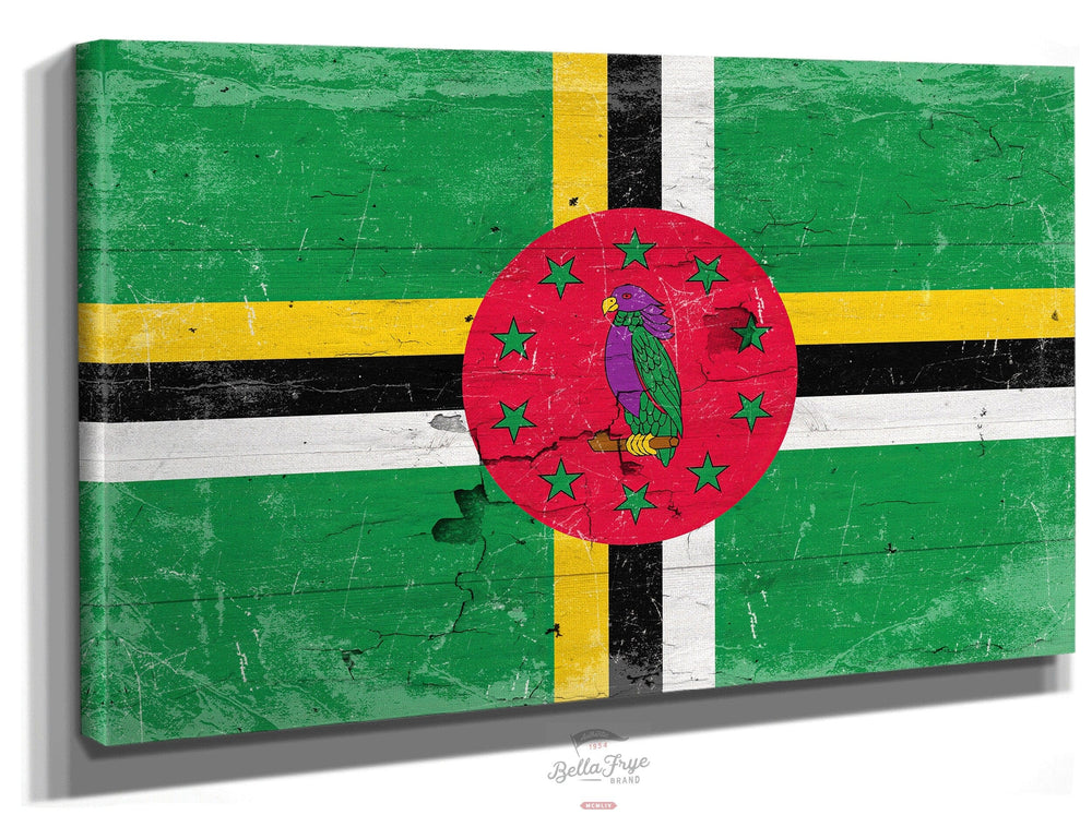 Bella Frye Home & Garden > Decor > Artwork 24" x 18" / Stretched Canvas Wrap Dominica Flag Wall Art - Vintage Dominica Flag Sign Weathered Wood Style on Canvas