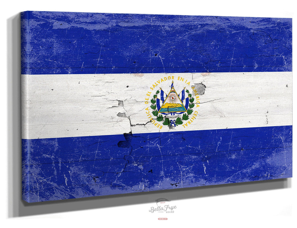 Bella Frye Home & Garden > Decor > Artwork 24" x 18" / Stretched Canvas Wrap El Salvador Flag Wall Art - Vintage El Salvador Flag Sign Weathered Wood Style on Canvas