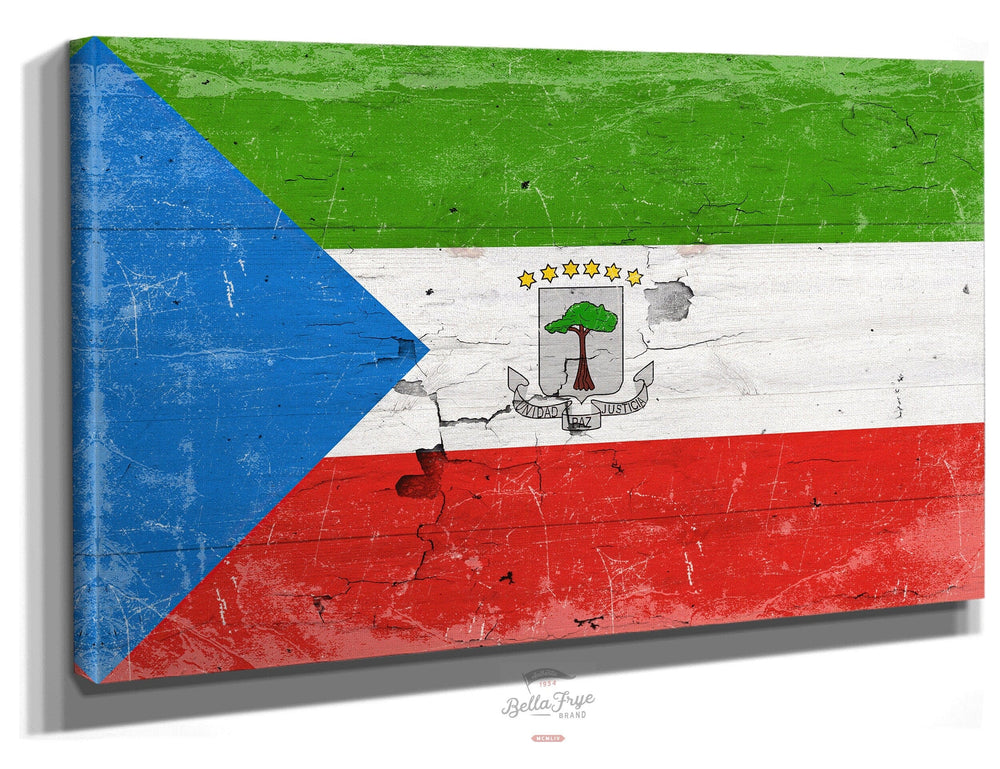 Bella Frye Home & Garden > Decor > Artwork 24" x 18" / Stretched Canvas Wrap Equatorial Guinea Flag Wall Art - Vintage Equatorial Guinea Flag Sign Weathered Wood Style on Canvas