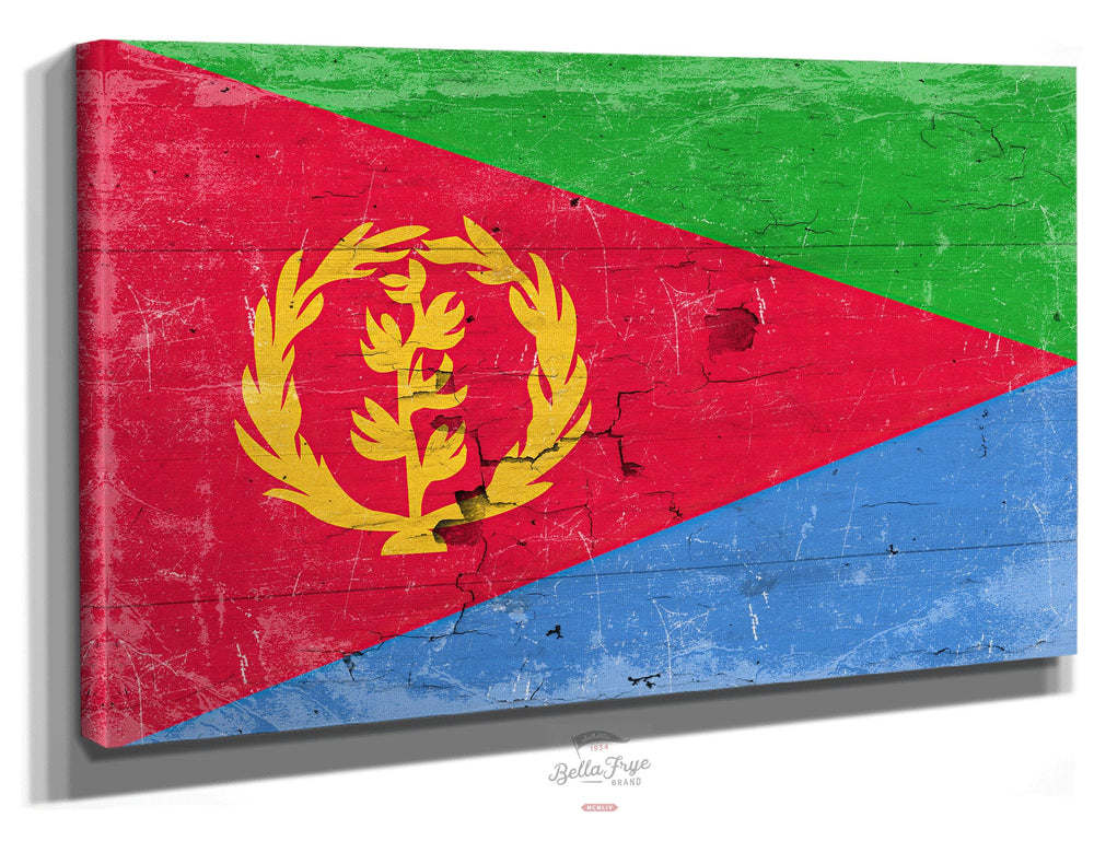 Bella Frye Home & Garden > Decor > Artwork 24" x 18" / Stretched Canvas Wrap Eritrea Flag Wall Art - Vintage Eritrea Flag Sign Weathered Wood Style on Canvas