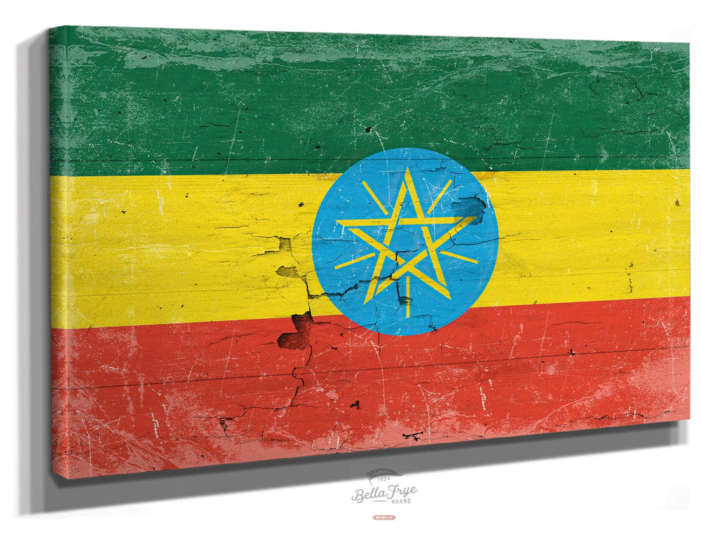 Bella Frye Home & Garden > Decor > Artwork 24" x 18" / Stretched Canvas Wrap Ethiopia Flag Wall Art - Vintage Ethiopia Flag Sign Weathered Wood Style on Canvas