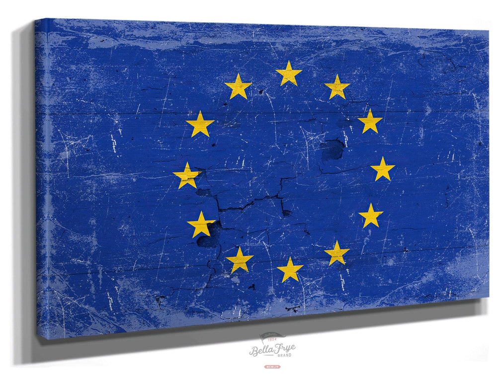 Bella Frye Home & Garden > Decor > Artwork 24" x 18" / Stretched Canvas Wrap Europe Flag Wall Art - Vintage Europe Flag Sign Weathered Wood Style on Canvas